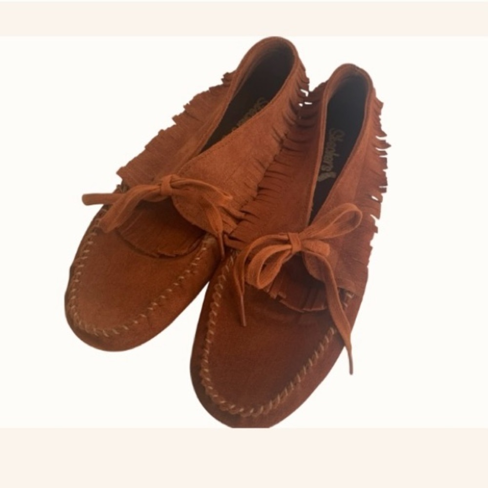 Sketcher Cali Moccasin Suede Leather Slipper Indoor Outdoor Sole Flats Rust 9